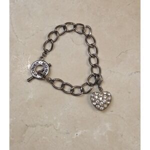 Vintage Monet Toggle Clasp‎ Charm Bracelet w/ Pave Heart Charm 7" Signed